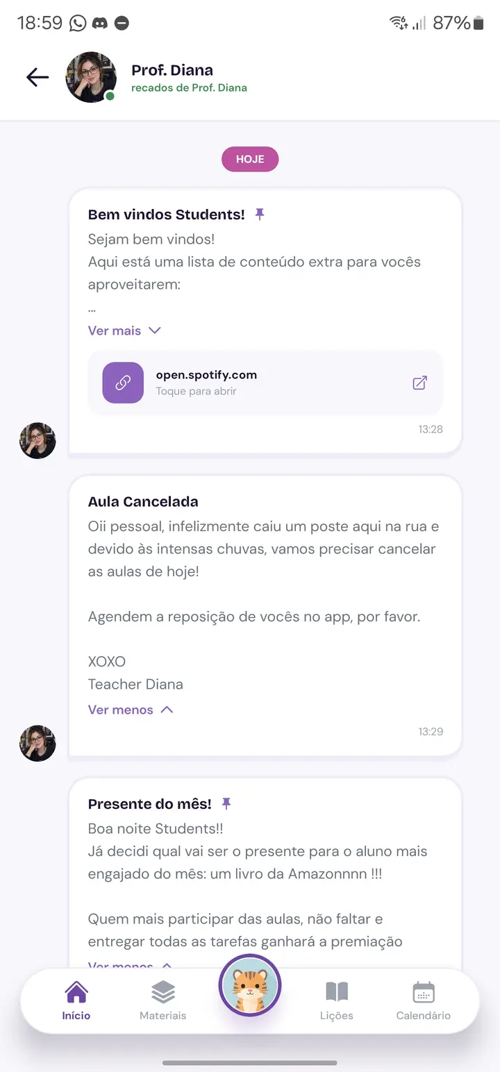 Tela de comunicados do aplicativo Beaky