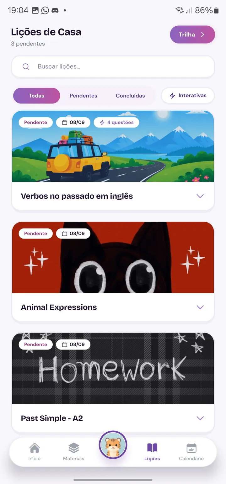 Tela de lições do aplicativo Beaky