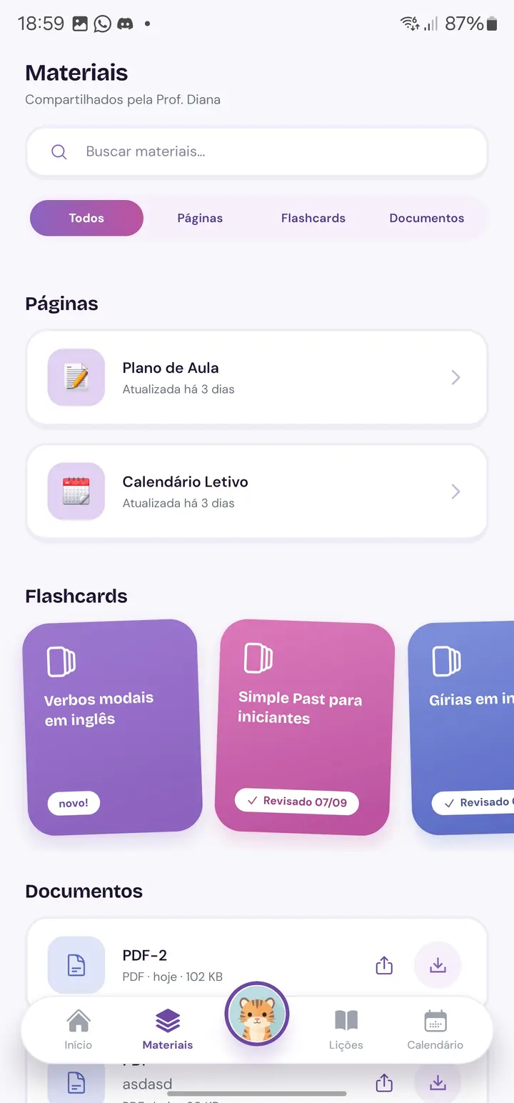 Tela de materiais do aplicativo Beaky